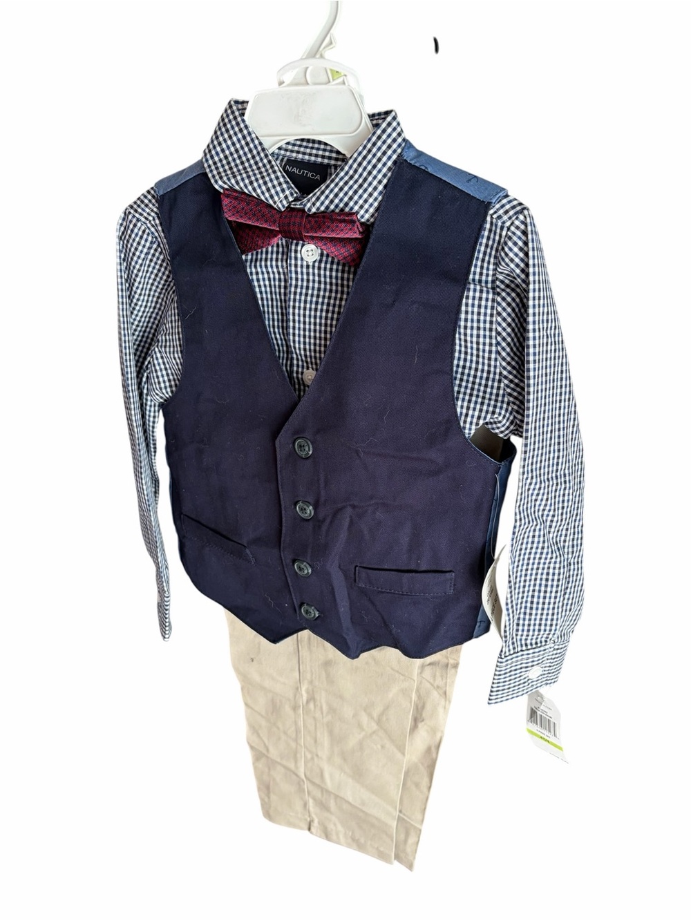 Nautica Navy Vest with Blue Check Shirt and Burgundy Bow Tie